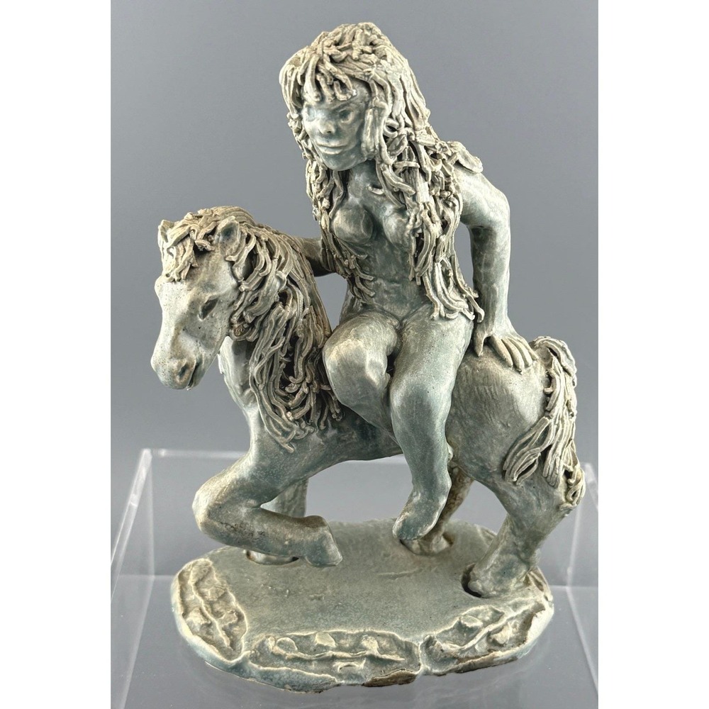 Vintage Nude Woman Riding Horse Ceramic Sculpture Spaghetti Hair Signed 5.5in